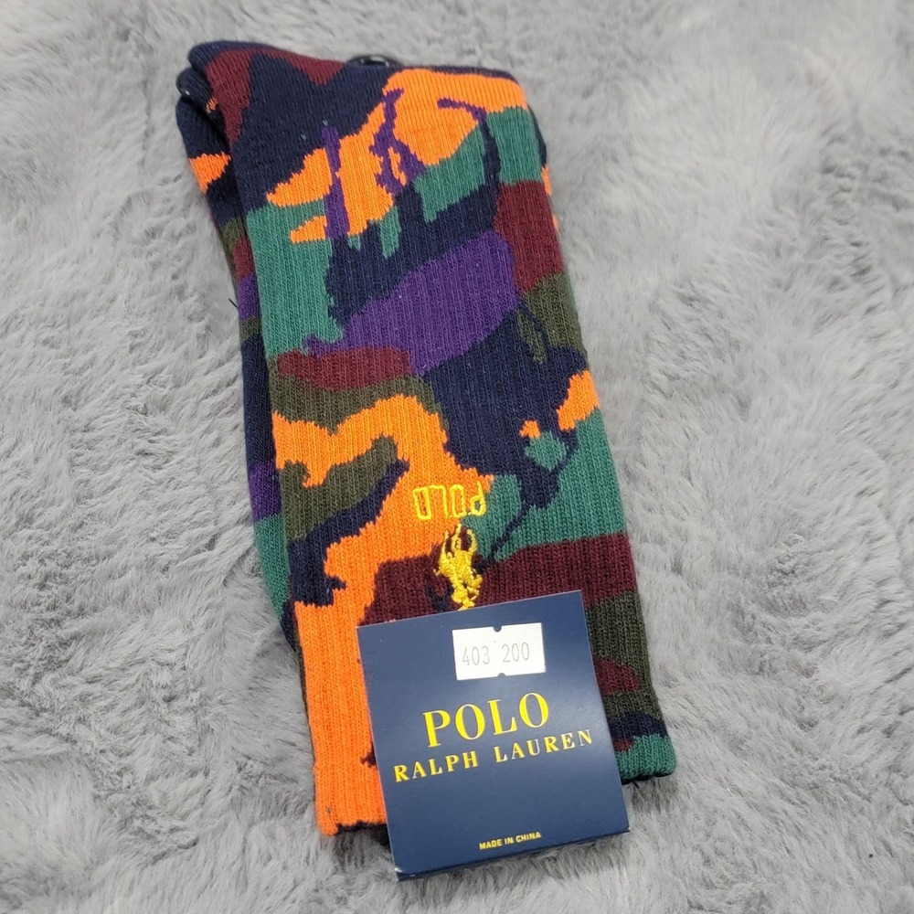 Polo Ralph Lauren Socks Mens 10-13 Multicolor Camo Pony Crew Mid Calf Cotton